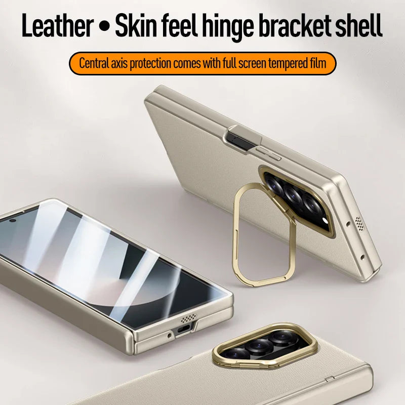 Z Fold 6 PU Leather Shockproof Case with Hinge Protection & HD Tempered Glass