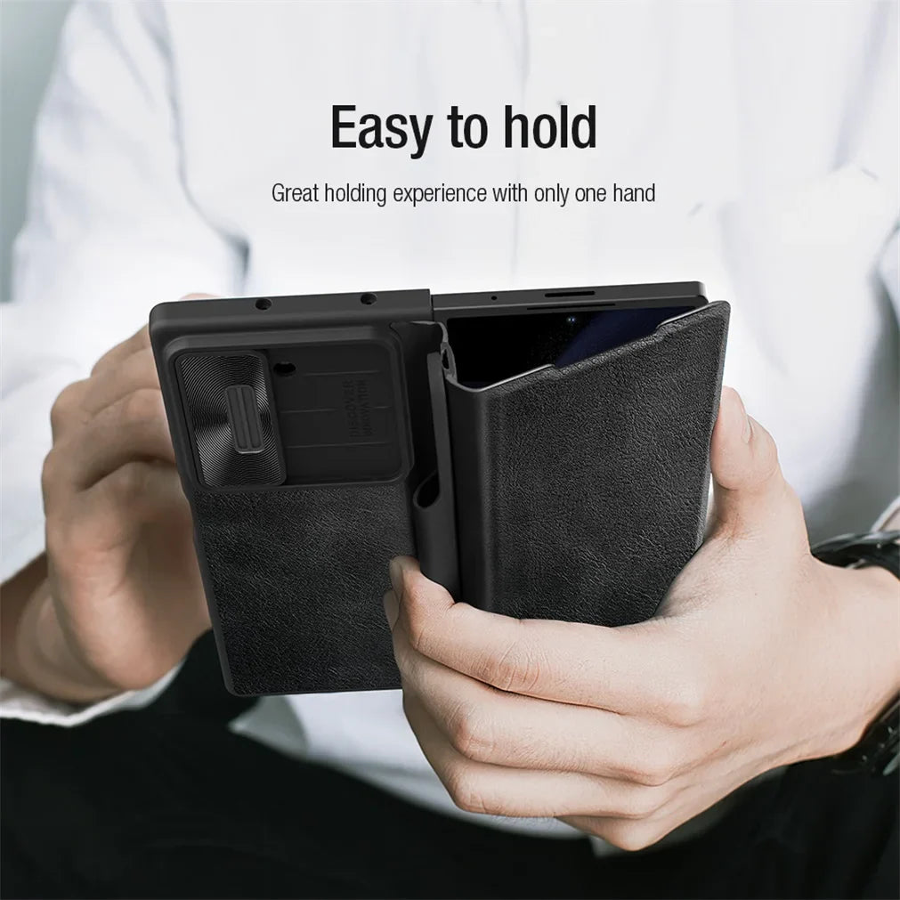 Z Fold 6 Leather Flip Case with Slide Camera Cover & Pen Slot