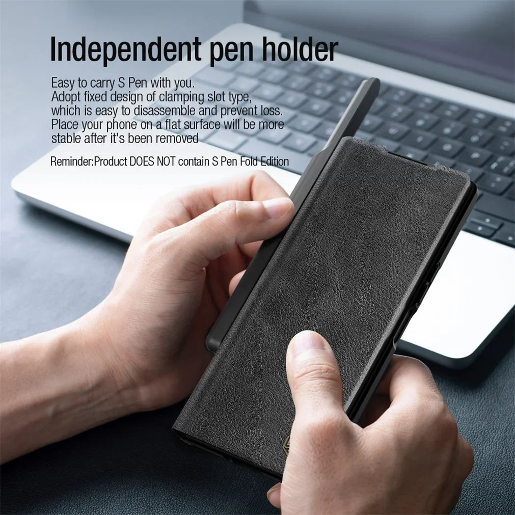 Z Fold 6 Leather Flip Case with Slide Camera Cover & Pen Slot