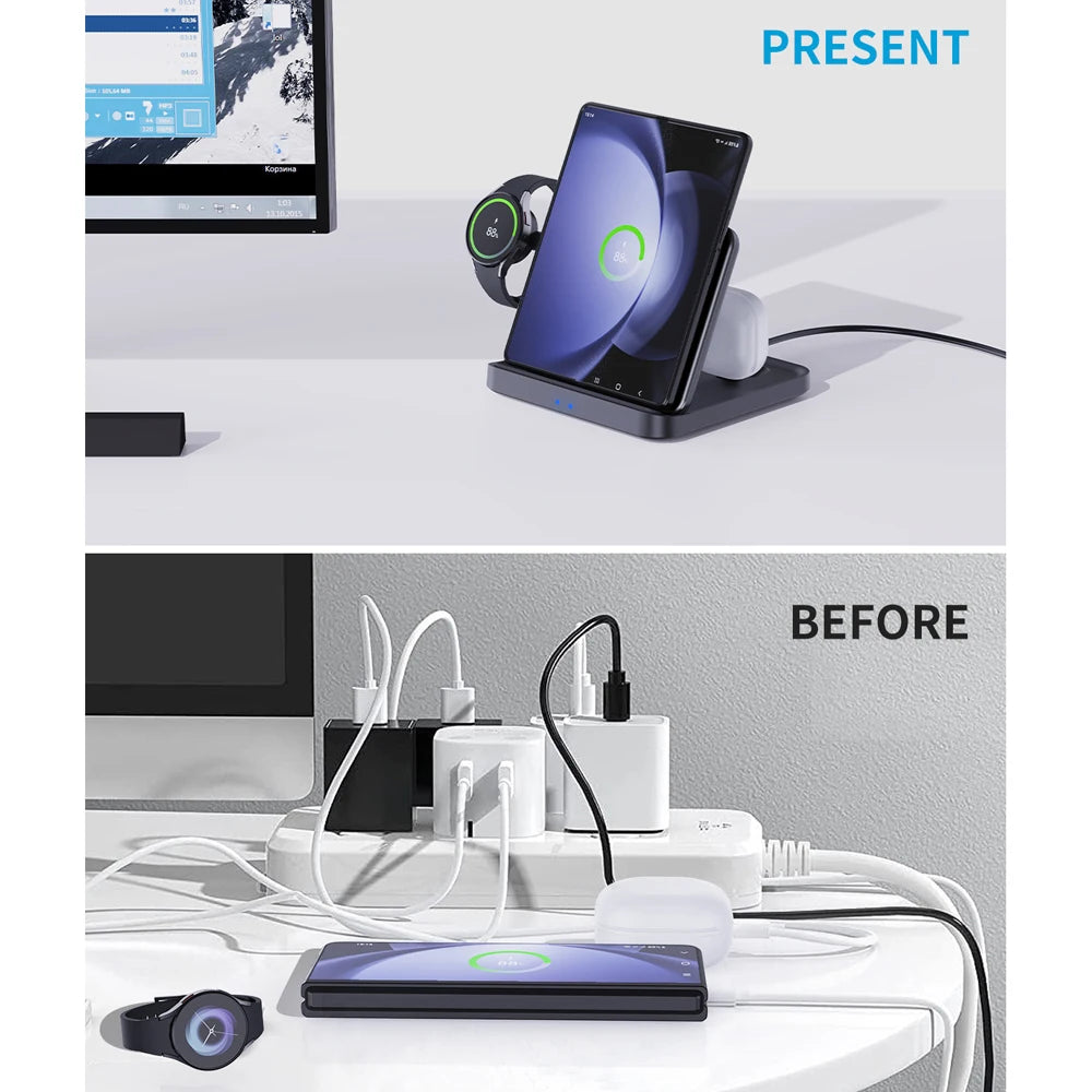 3-in-1 Wireless Charging Desk Stand for Galaxy Z Fold 5, Galaxy Watch & Buds - Fast Charging Holder